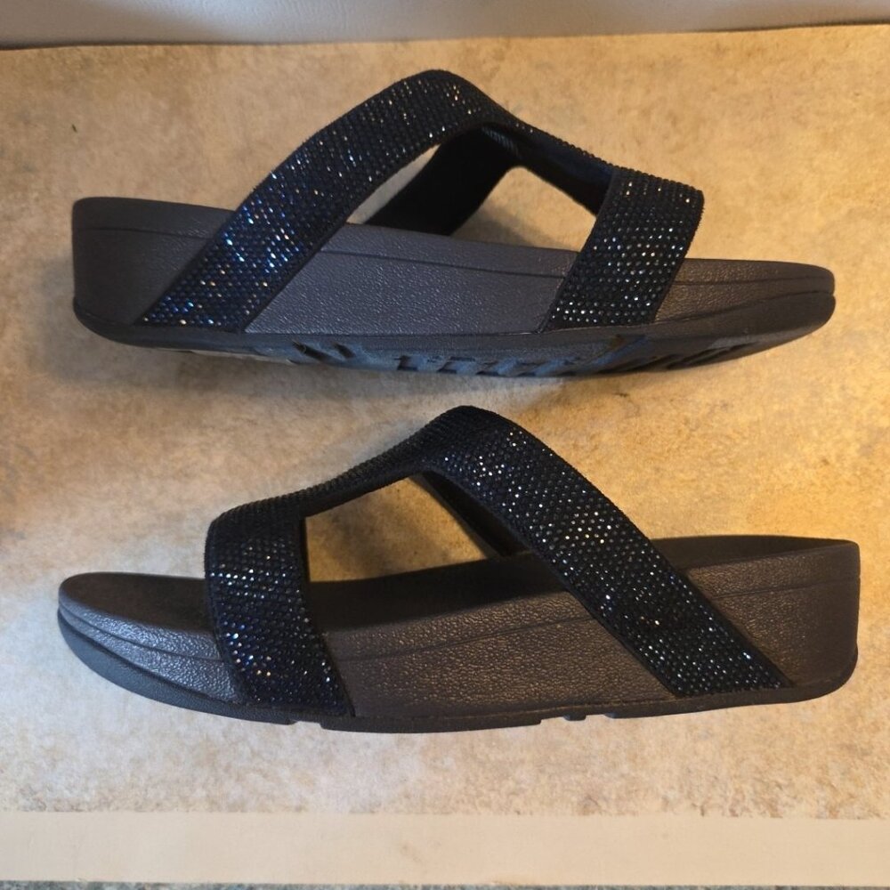 Sz 9 FITFLOP Sandals Lulu Marli Rhinestone Slide Wedge Navy Blue Sparkly 2" Heel - Picture 6 of 11